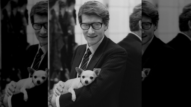 Yves Saint Laurent bär glasögon och gosar en chihuahua