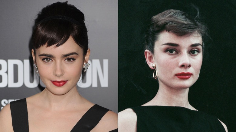 Lily Collins bär en mikrofrans och rött läppstift och Audrey Hepburn 1955