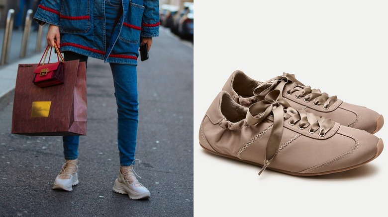 En kvinna som bär balettsneakers med snörning till vänster och en produktbild av balettsneakers till höger.