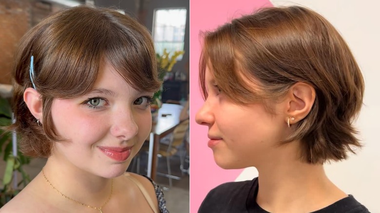 En kvinna med en fräsch och söt bixie cut som ler mot kameran (L) & sidovy av en bixie cut (R)