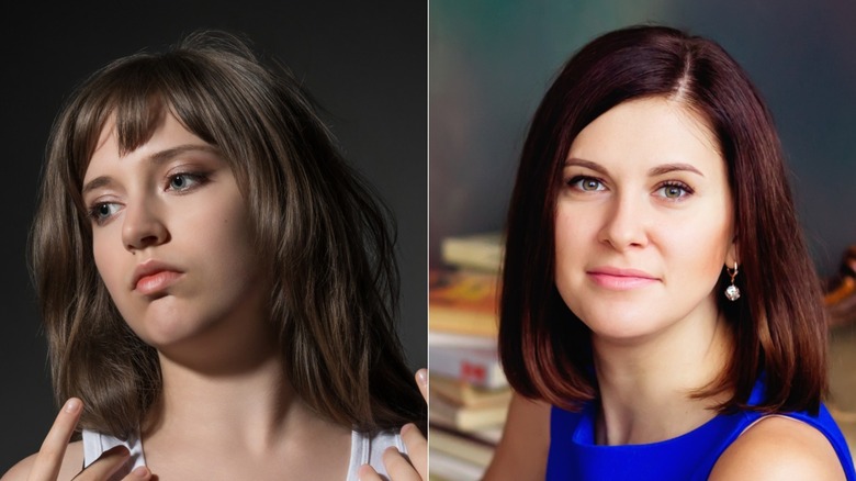 En vacker kvinna med en brun lobb med lugg (L) & En kvinna med en chic lobbfrisyr (R)