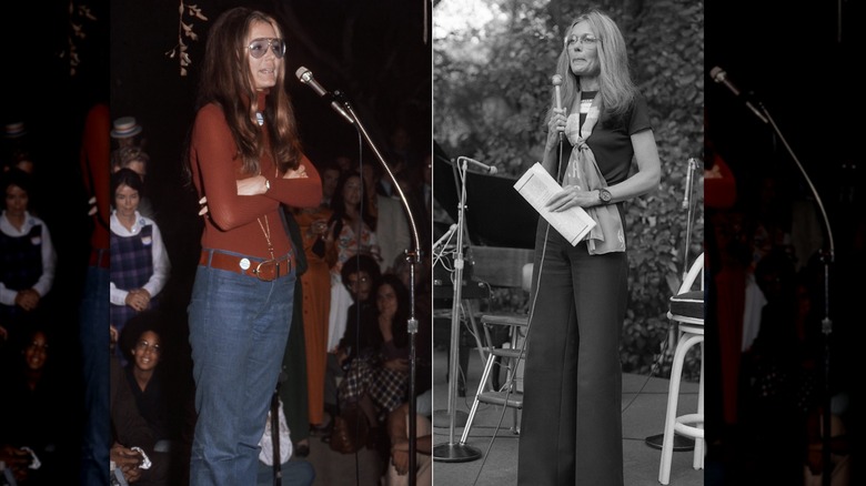 Gloria Steinem vid en insamling och rally för California State Senatskandidat Catherine O'Neill i Los Angeles i oktober 1972 / Gloria Steinem ett Equal Rights Amendment-evenemang hemma hos Marlo Thomas i Beverly Hills 1979