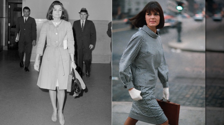 Gloria Steinem utanför Högsta domstolen efter att ha blivit stämd av SLA i maj 1963 / Gloria Steinem i en rutig kjolkostym för tidningen Glamour i februari 1964