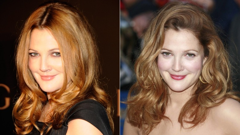Drew Barrymore med en mjuk kastanjebrun utblåsning till vänster och med en studsare lockad stil till höger.