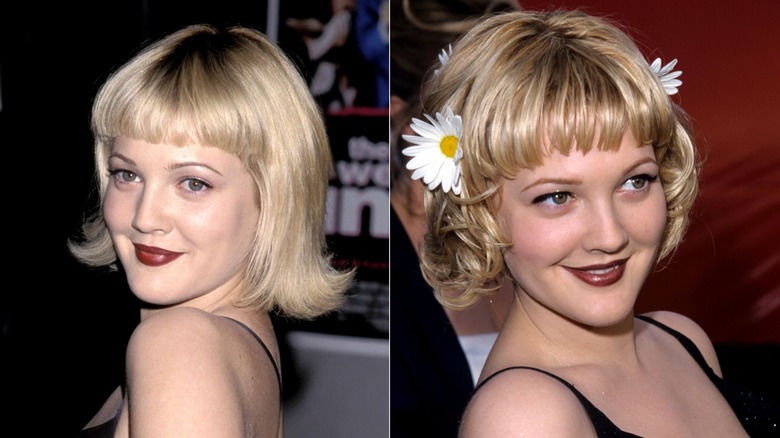 Drew Barrymore med en utfälld blond bob med baby lugg till vänster, och med en lurigare bob med lugg och daisy accenter till höger.