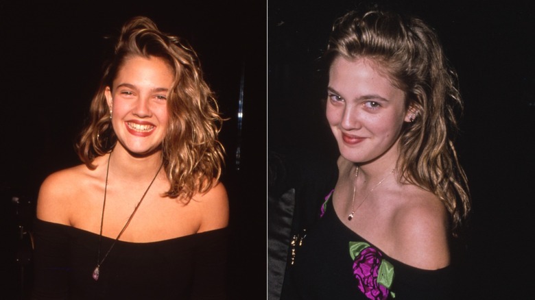 Drew Barrymore klädd i en svart off-the-shoulder topp 1989 till vänster och vid ett event 1989 klädd i en svart topp med lila blommor till höger.