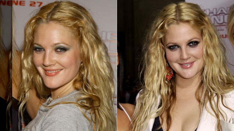 Drew Barrymore på ett event med blå ögonskugga och vågigt blont hår till vänster och med ett mörkt rökigt öga och strandiga blonda vågor till höger.