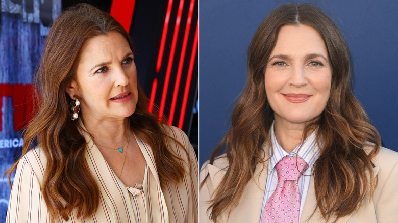 Drew Barrymore med mellanlånga kastanjebruna vågor till vänster och klädd i kostym med vågigt hår vid ett event till höger.
