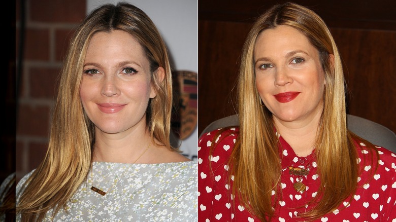 Drew Barrymore i en grå topp med slätt hår till vänster och i röd topp med vita hjärtan och rakt, jordgubbsblont hår till höger.