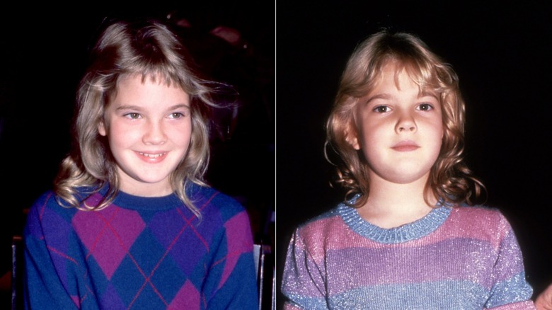 Drew Barrymore vid ett event klädd i en rutig tröja 1980 till vänster och i New York City 1983 klädd i en glittrande tröja till höger.