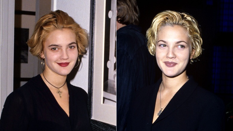Drew Barrymore med kort blont hår klädd i svart och ett krucifixhalsband 1991 till höger och 1992 med lila läppstift och en svart topp till höger.