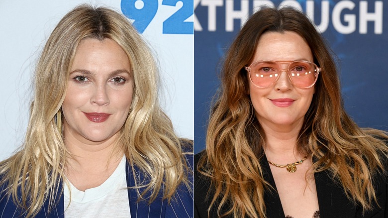 Drew Barrymore med lurvigt ljusblont hår vid ett event till vänster och bär rosa solglasögon med en vågig frisyr till höger.