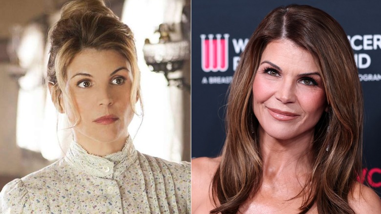 Foton sida vid sida av Lori Loughlin i karaktären på When Calls the Heart (vänster) och som sig själv på röda mattan (höger)