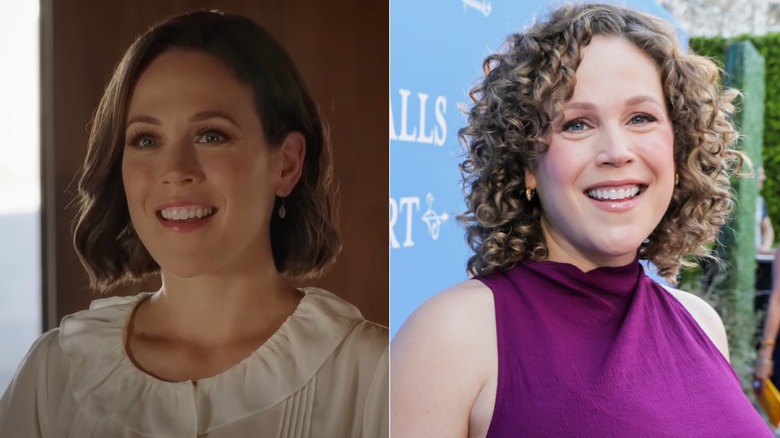 Foton sida vid sida av Erin Krakow i karaktär på When Calls the Heart (vänster) och som sig själv på röda mattan (höger)