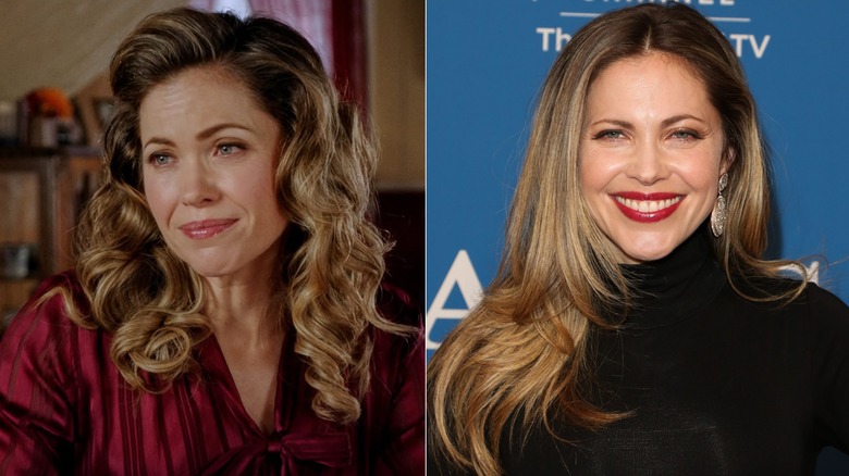 Foton sida vid sida av Pascale Hutton i karaktären på When Calls the Heart (vänster) och som sig själv på röda mattan (höger)