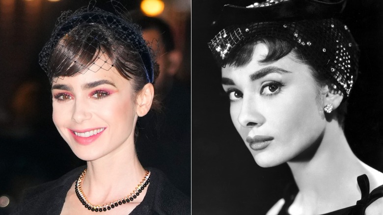 Lily Collins med en fascinator och Audrey Hepburn 1955