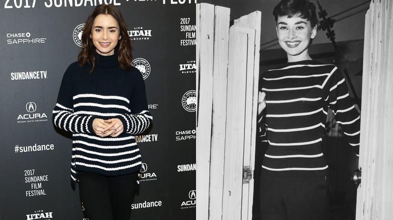 Lily Collins i randig tröja 2017 och Audrey Hepburn 1955