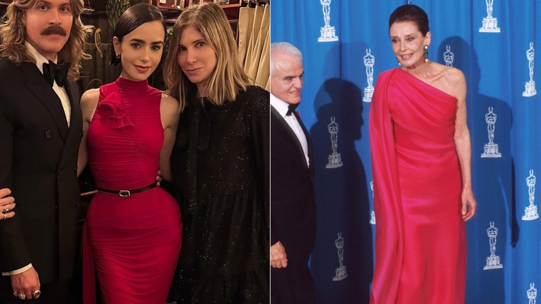 Lily Collins i röd klänning 2025 och Audrey Hepburn 1992