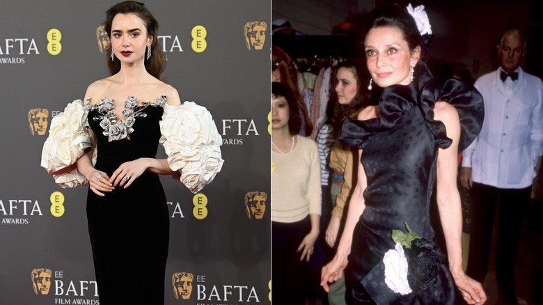 Lily Collins i en utsmyckad svart klänning 2024 och Audrey Hepburn 1982