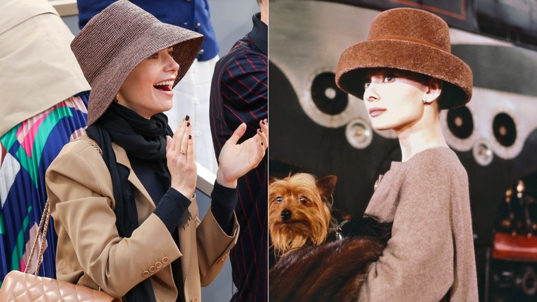 Lily Collins i en bucket hat 2025 och Audrey Hepburn 1956