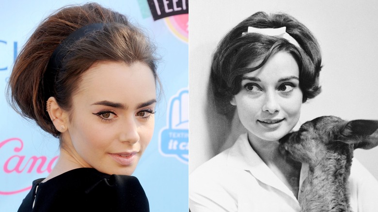 Lily Collins med pannband och Audrey Hepburn 1958