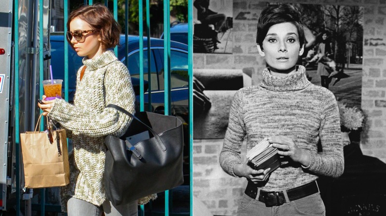 Lily Collins i en stickad turtleneck 2016 och Audrey Hepburn 1967