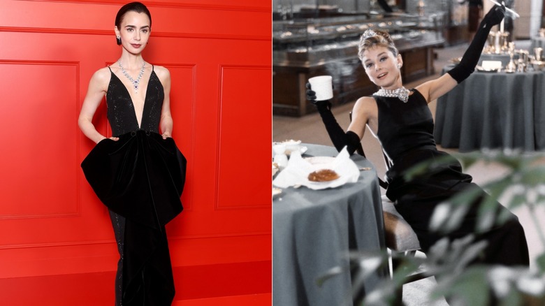 Lily Collins i en svart klänning 2025 och Audrey Hepburn 1961