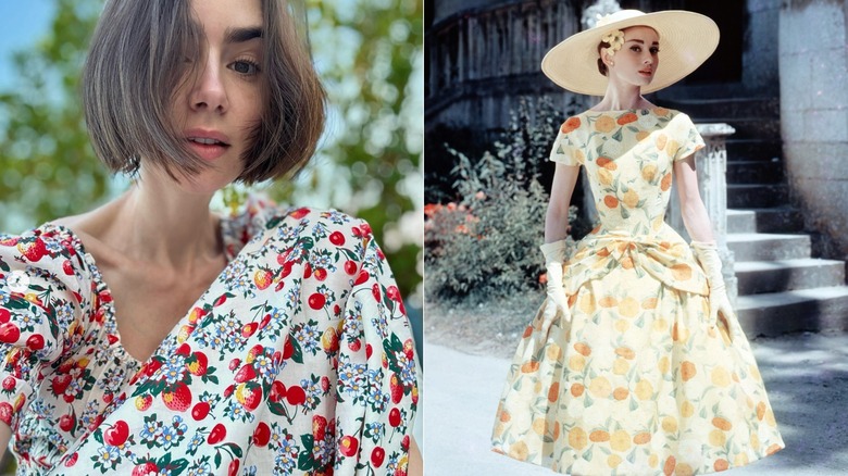 Lily Collins i en blommig klänning 2025 och Audrey Hepburn 1955