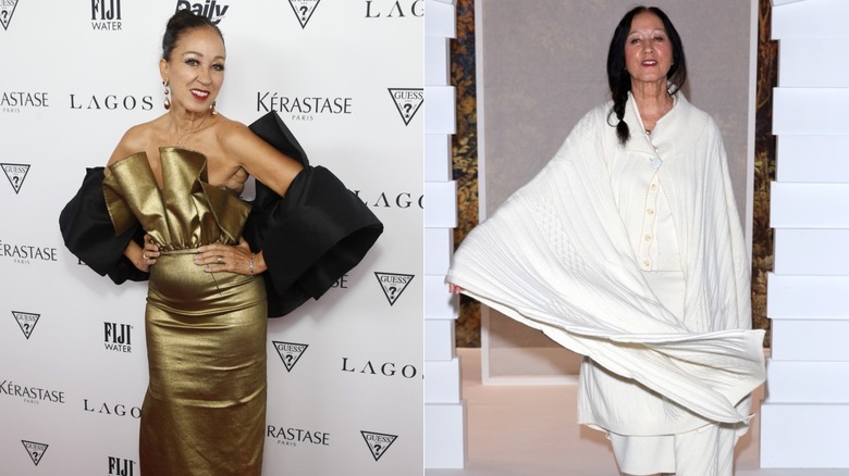 Pat Cleveland i guldklänning och i vit klänning med fläta i håret