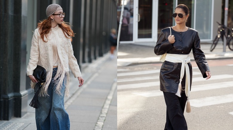 En kvinna som bär en vit franshalsduk till vänster och en kvinna som bär en fransscarfsbälte till höger