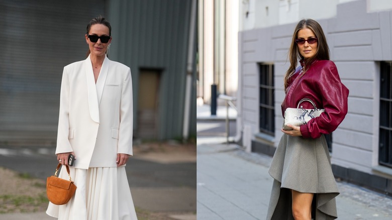En kvinna med en miniväska och vit outfit till vänster och en kvinna med en miniväska och röd jacka till höger