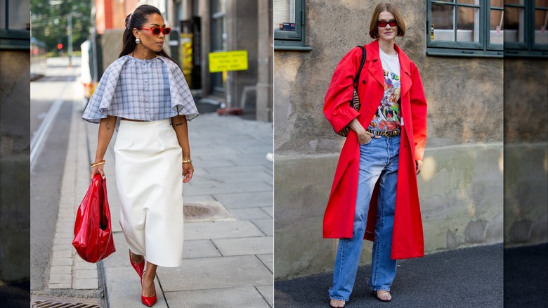 Krizza Elisabeth bär en tartanbeskuren cape, en krämfärgad midikjol och röda accessoarer under Oslo Runway Fashion Week i september 2026 / Marianne Theodorsen bär en grafisk T-shirt, röd trenchcoat, jeans och accessoarer med djurtryck under Oslo Fashion Week i september 2026