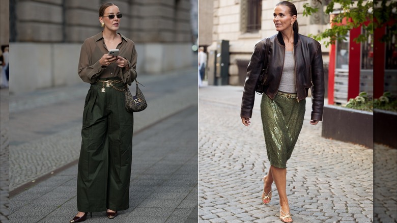 Tina Hasse bär en khakiblus och olivgröna cargobyxor och guldtillbehör under Berlin Fashion Week i juli 2026 / Janka Pollianii bär en mörkbrun läderbomberjacka över en grå topp och en olivgrön paljettkjol under Oslo Runway Fashion Week i september 2026