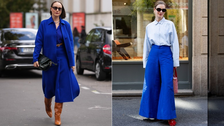 En gäst bär en koboltblå topp och matchande midikjol med en blå kappa och kamelstövlar under Paris Fashion Week i oktober 2025 / En gäst bär en puderblå button-up shirt och koboltblå wide-leg trousers under Milan Design Week i april 2026