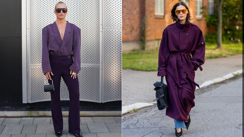 En gäst som bär en lila omlottblus och byxor under Köpenhamns modevecka i augusti 2026 / En gäst bär denimjeans och en lila trenchcoat under Köpenhamns modevecka i augusti 2026