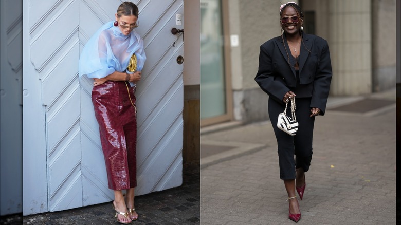 En gäst bär en skir ljusblå blus och en vinröd krokodilpräglad lackkjol under Köpenhamns modevecka i augusti 2026 / Lois Opoku bär en beskuren svart kavaj och capribyxor med vinröda pumps i Berlin i juli 2026