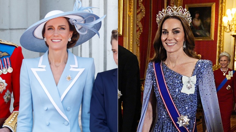 Till vänster: Kate Middleton bär en hatt under Trooping the Color 2026. Till höger: Kate Middleton bär ett diadem på en statlig bankett i december 2025.