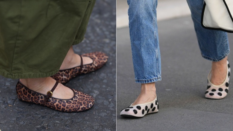 En kvinna klädd i gröna byxor med breda ben och leopardmönstrade balettkläder med en övre rem till vänster och en kvinna klädd i jeans och vit- och svarta prickiga balettkläder till höger.