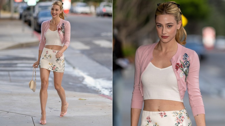 Lili Reinhart rockar med en beskurna koftor och minikjol på en pappapromenad