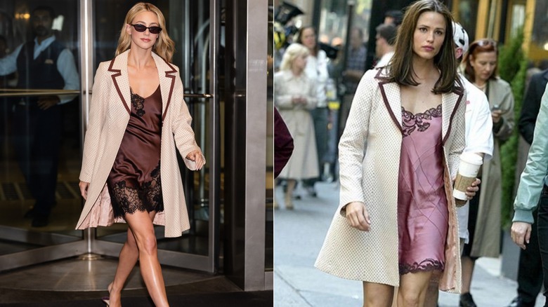 Sida vid sida om Lili Reinhart och Jennifer Garner i en silkeslen spetsklänning och en prickig jacka