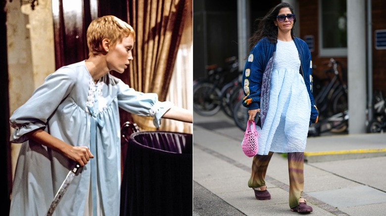 Sida vid sida: Mia Farrow in "Rosemarys bebis" och en kvinna klädd i ett blått nattlinne