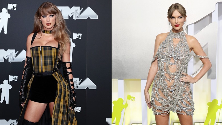 Taylor Swift bär en rutig look till 2024 års VMA till vänster och på bilden bär en kristallklänning till 2022 VMA till höger