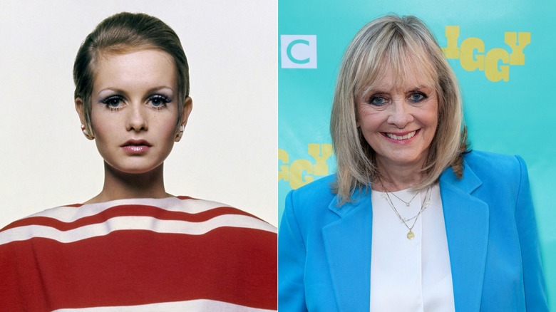 Twiggy på 60-talet (L) och Twiggy 2026 (R)