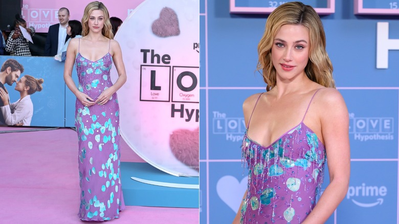 Lili Reinhart bär en lila och blå maxiklänning med spagettiband från Emanuel Ungaro