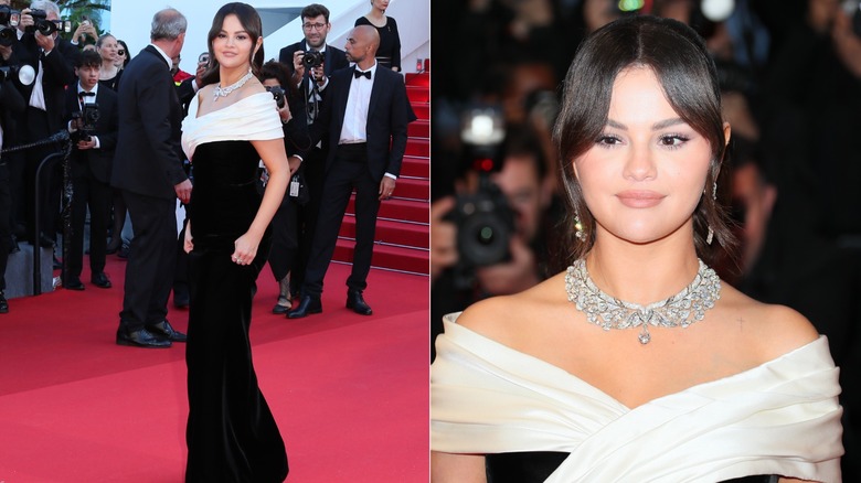 Selena Gomez i en svart-vit Saint Laurent-klänning vid filmfestivalen i Cannes 2024