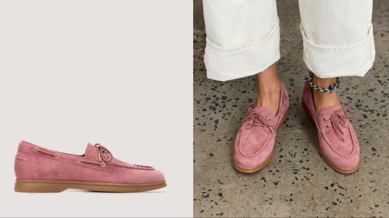 Två vinklar av Bared Footwear Tringa lerrosa platta båtskor i mocka