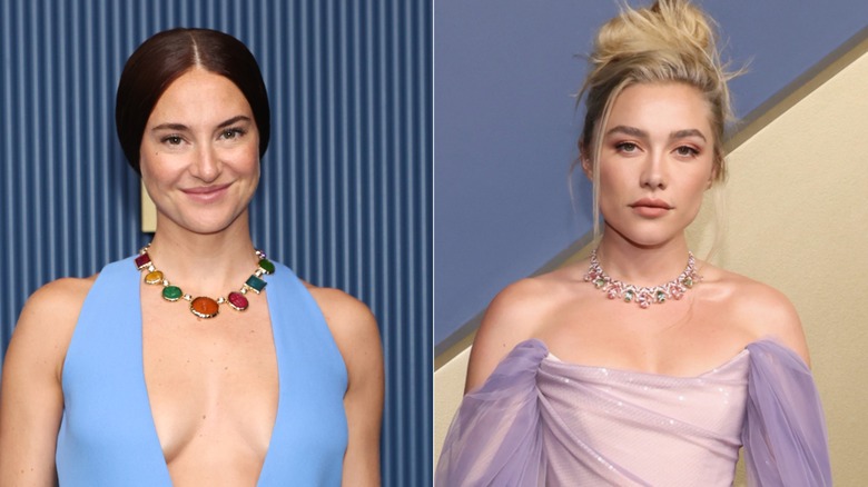 Shailene Woodley och Florence Pugh bär färgglada halsband vid 2026 års Emmys