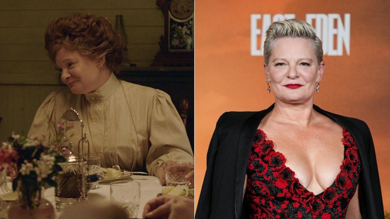 Martha Plimpton som Faye i Netflix 2026 East of Eden (L) & Martha Plimpton in real life (R)