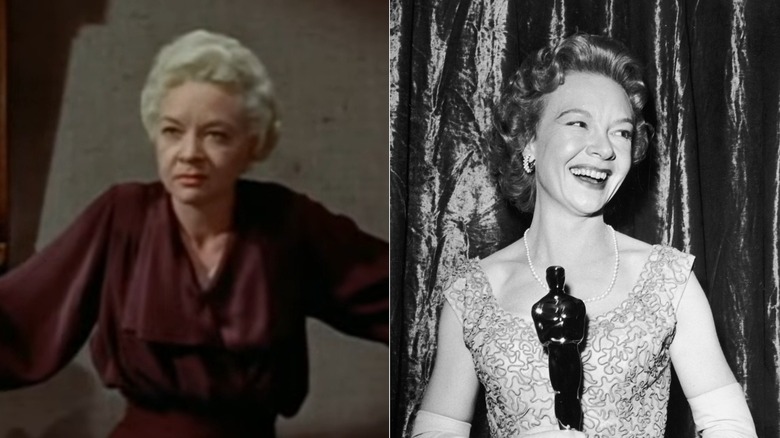 Jo Van Fleet som Kate i 1955 East of Eden (L) & Jo Van Fleet i verkliga livet som får en utmärkelse (R)