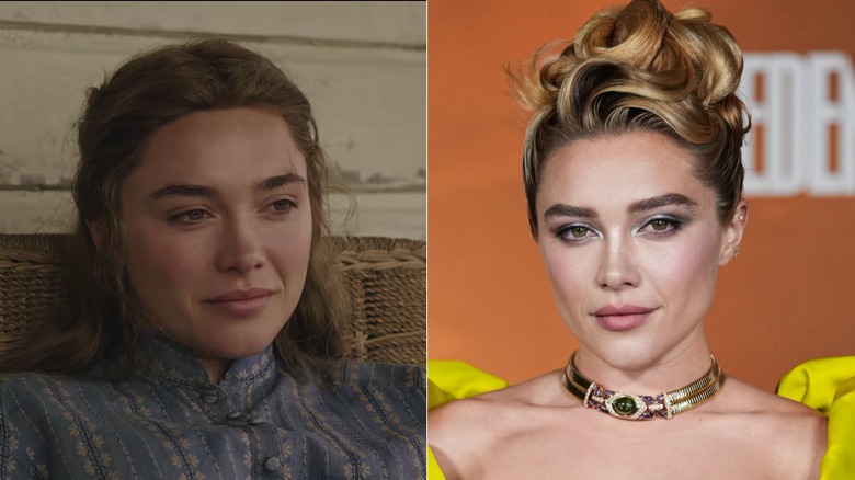 Florence Pugh som Cathy i 2026 East of Eden av Netflix (L) och Florence Pugh i verkliga livet på East Of Eden